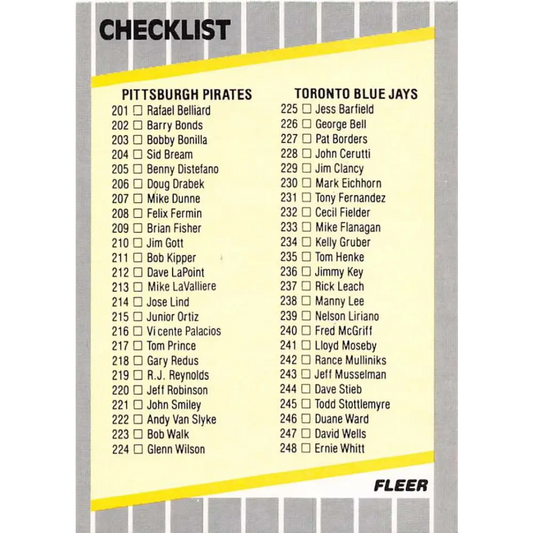 1989 Fleer #656 Checklist Pirates/Blue Jays Yankees/Royals EX Excellent Pittsburgh Pirates/Toronto Blue Jays/New York Yankees/Kansas City Royals Baseb Image 1