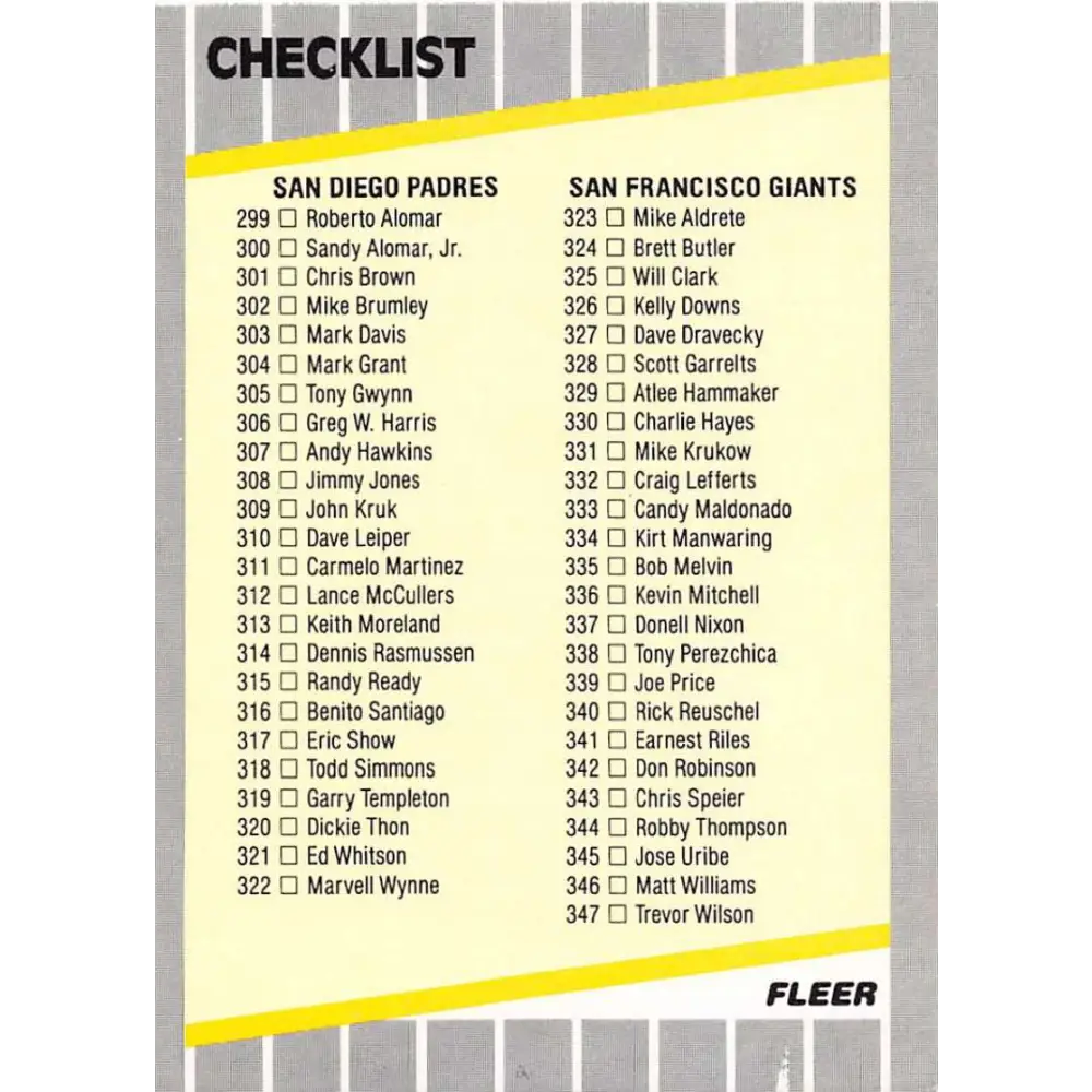 1989 Fleer #657 Checklist Padres/Giants Astros/Expos EX Excellent San Diego Padres/San Francisco Giants/Houston Astros/Montreal Expos Baseball Card  Image 1