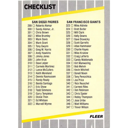 1989 Fleer #657 Checklist Padres/Giants Astros/Expos EX Excellent San Diego Padres/San Francisco Giants/Houston Astros/Montreal Expos Baseball Card  Image 1