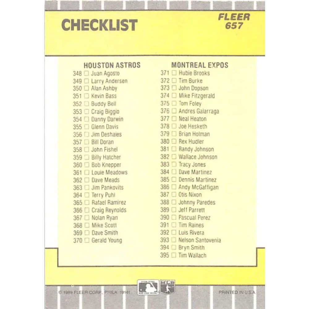 1989 Fleer #657 Checklist Padres/Giants Astros/Expos EX Excellent San Diego Padres/San Francisco Giants/Houston Astros/Montreal Expos Baseball Card  Image 2
