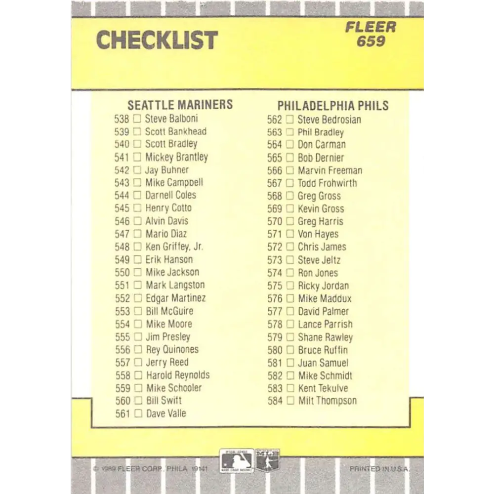 1989 Fleer #659 Checklist White Sox/Rangers Mariners/Phillies EX Excellent Chicago White Sox/Texas Rangers/Seattle Mariners/Philadelphia Phillies Base Image 2