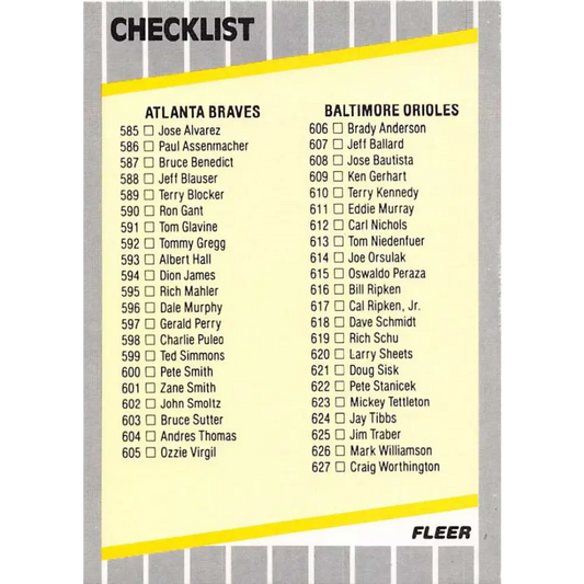 1989 Fleer #660 Checklist Mariners/Orioles Specials/Checklists EX Excellent Atlanta Braves/Baltimore Orioles Baseball Card  Image 1