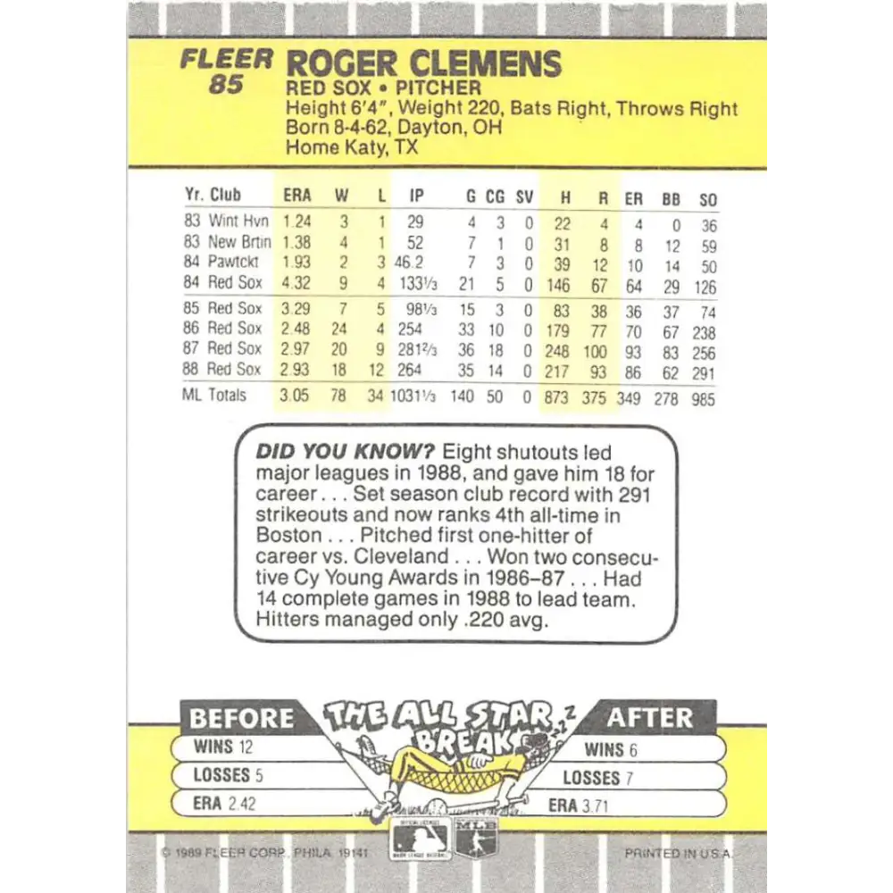 1989 Fleer #85 Roger Clemens EX Excellent Boston Red Sox Baseball Card  Image 2