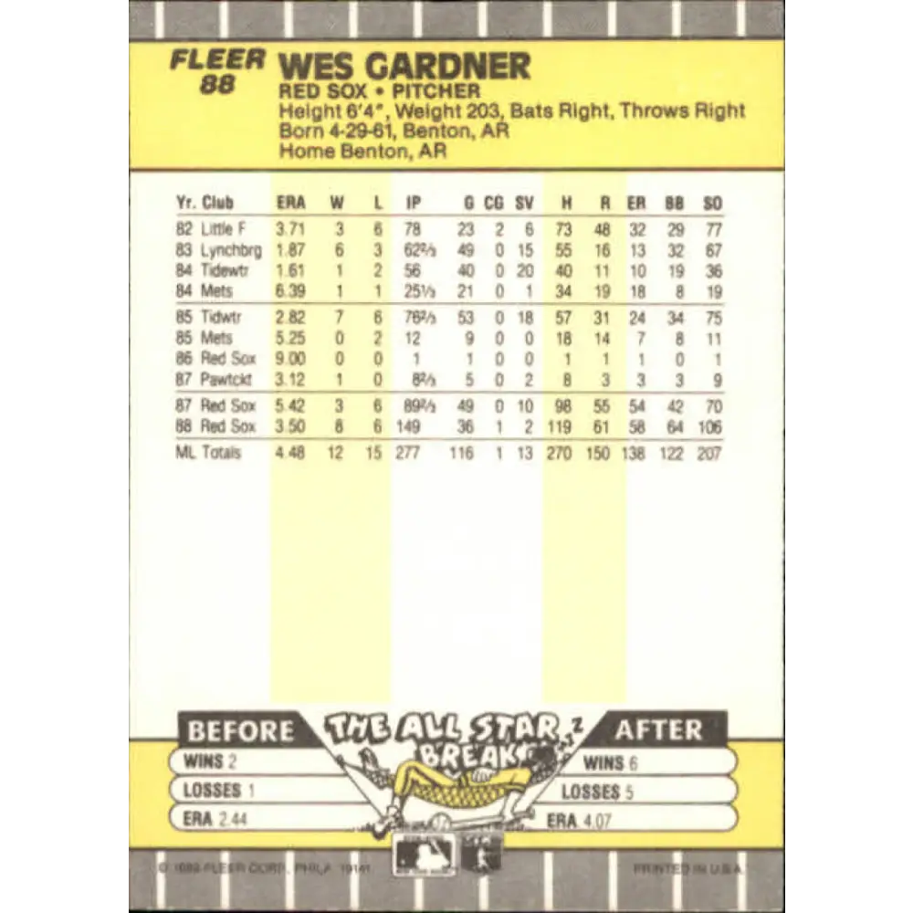 1989 Fleer #88 Wes Gardner EX Excellent Boston Red Sox Baseball Card  Image 2