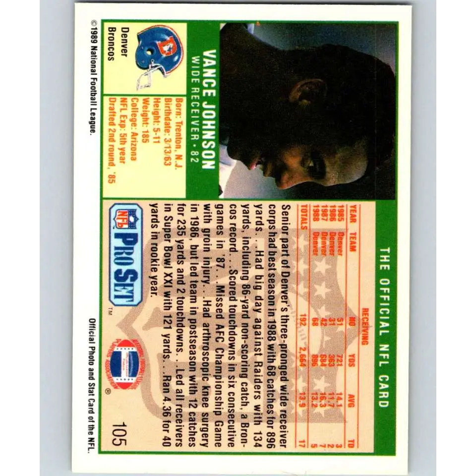 1989 Pro Set #105 Vance Johnson NM-MT Denver Broncos Football Card Image 2