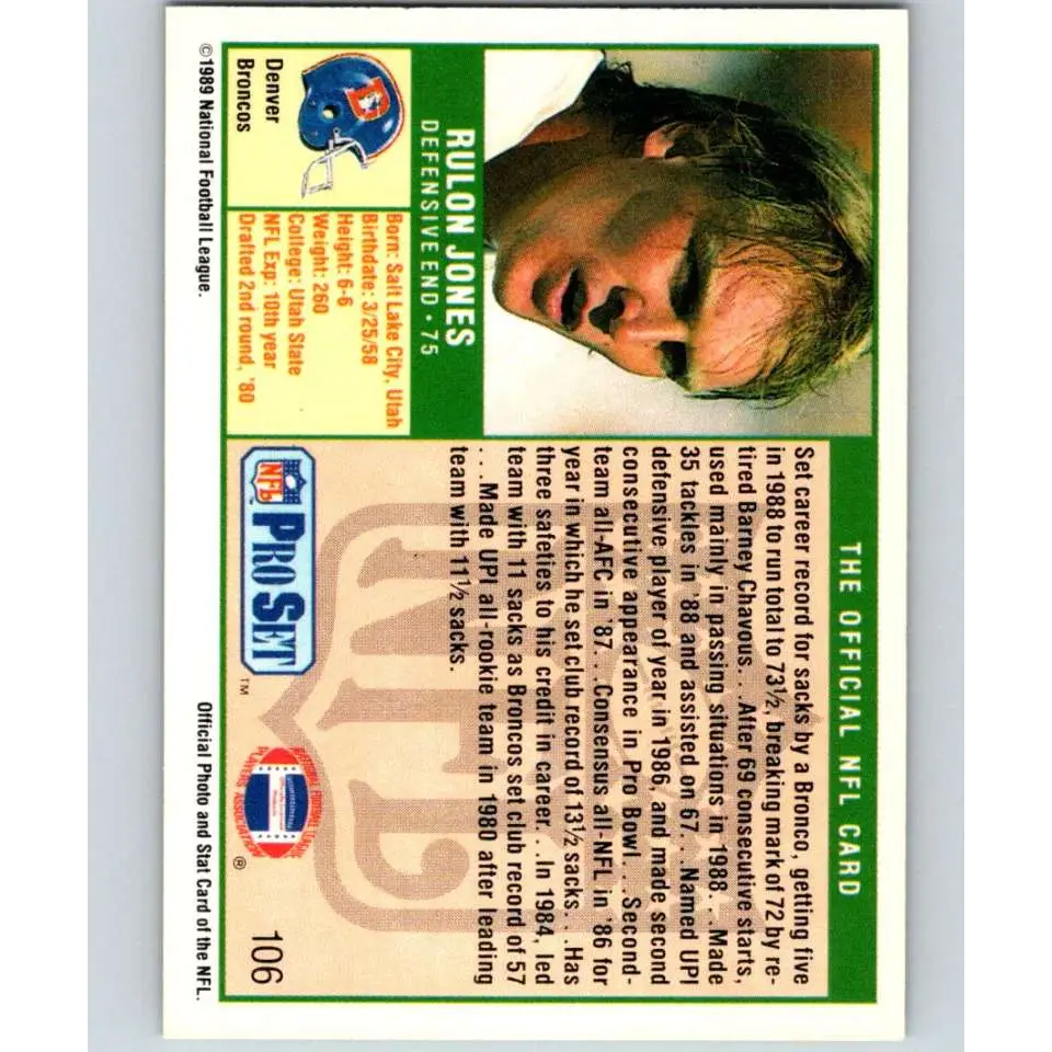 1989 Pro Set #106 Rulon Jones NM-MT Denver Broncos Football Card Image 2