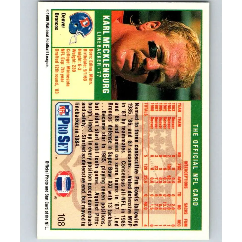 1989 Pro Set #108 Karl Mecklenburg NM-MT Denver Broncos Football Card Image 2
