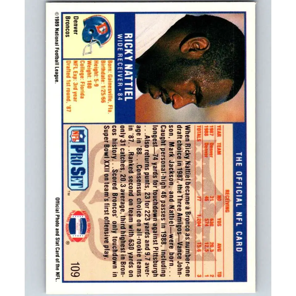 1989 Pro Set #109 Ricky Nattiel NM-MT Denver Broncos Football Card Image 2