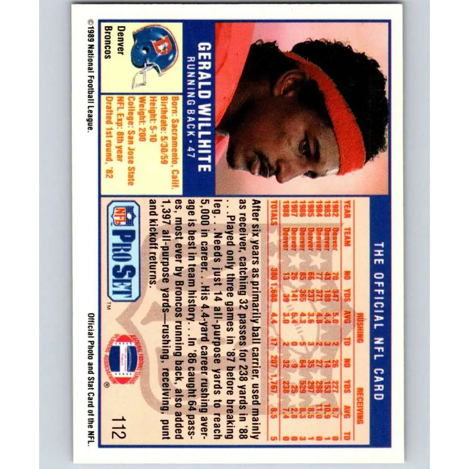 1989 Pro Set #112 Gerald Willhite NM-MT Denver Broncos Football Card Image 2