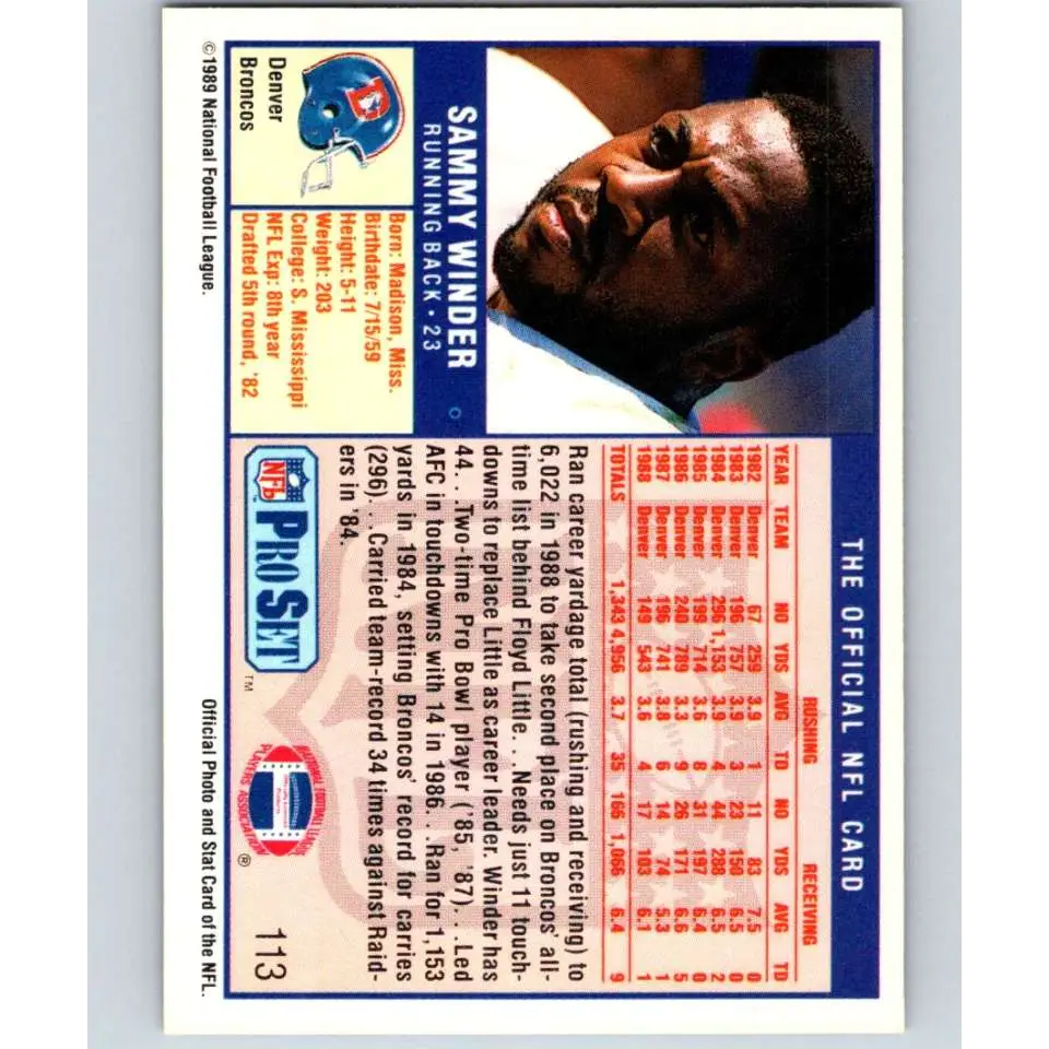 1989 Pro Set #113 Sammy Winder NM-MT Denver Broncos Football Card Image 2