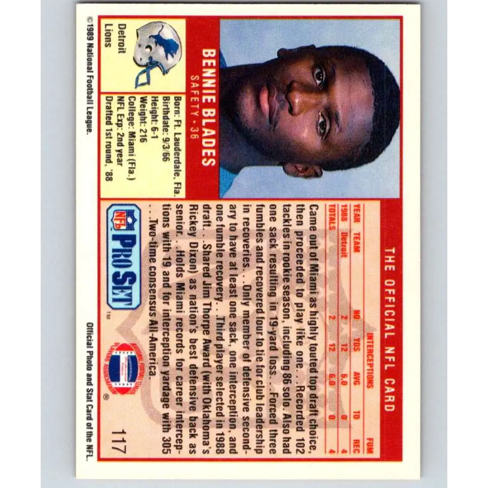 1989 Pro Set #117 Bennie Blades NM-MT RC Rookie Detroit Lions Football Card Image 2