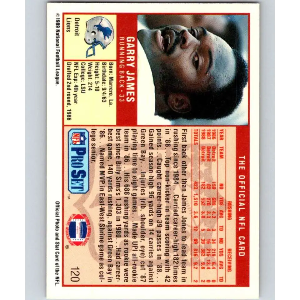 1989 Pro Set #120 Garry James NM-MT Detroit Lions Football Card Image 2