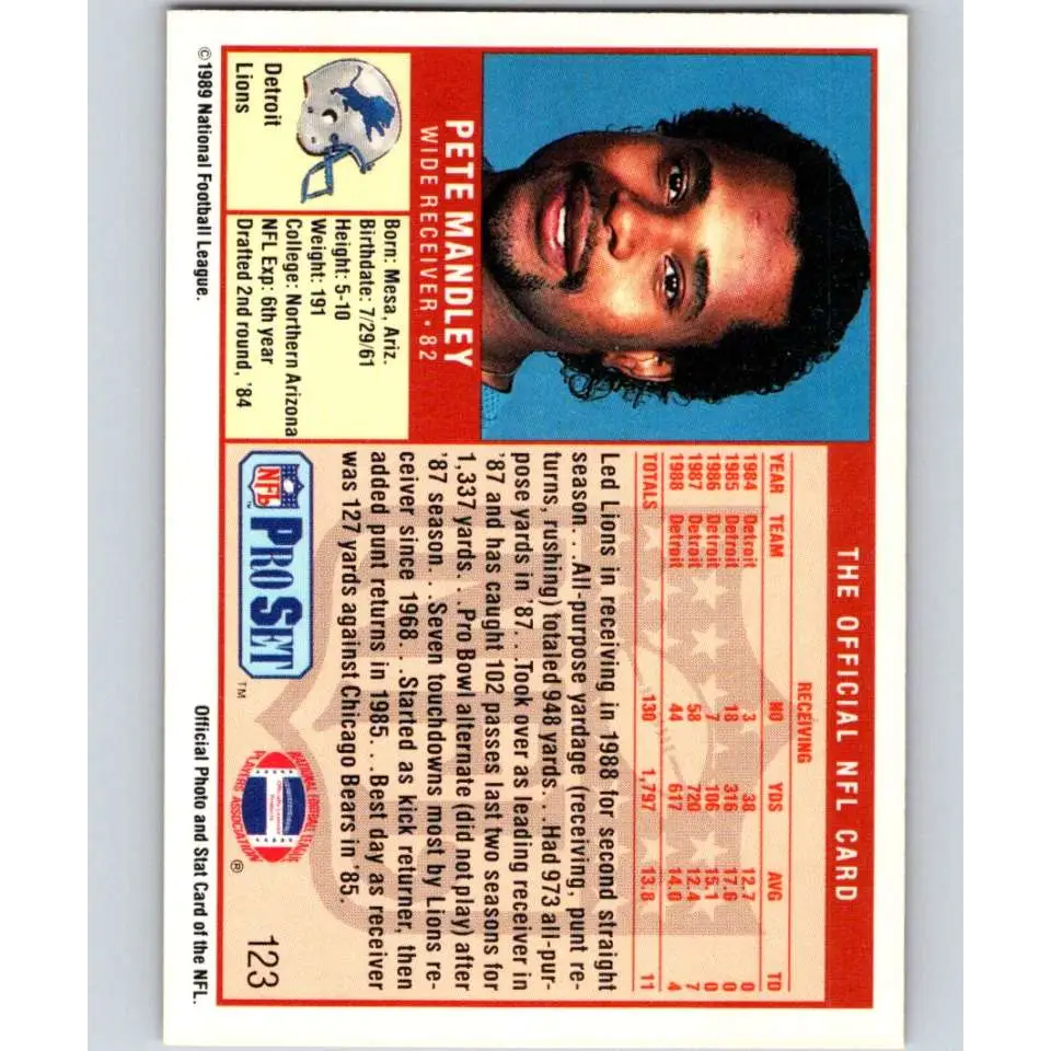 1989 Pro Set #123 Pete Mandley NM-MT Detroit Lions Football Card Image 2
