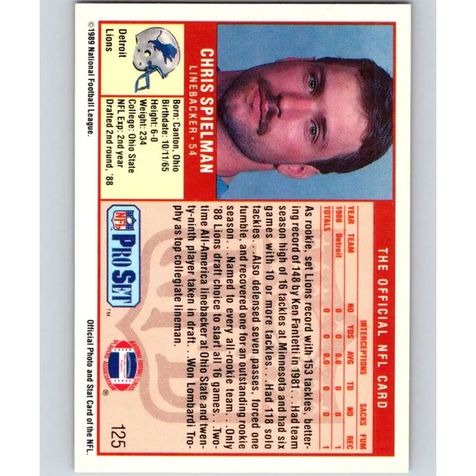 1989 Pro Set #125 Chris Spielman NM-MT RC Rookie Detroit Lions Football Card Image 2