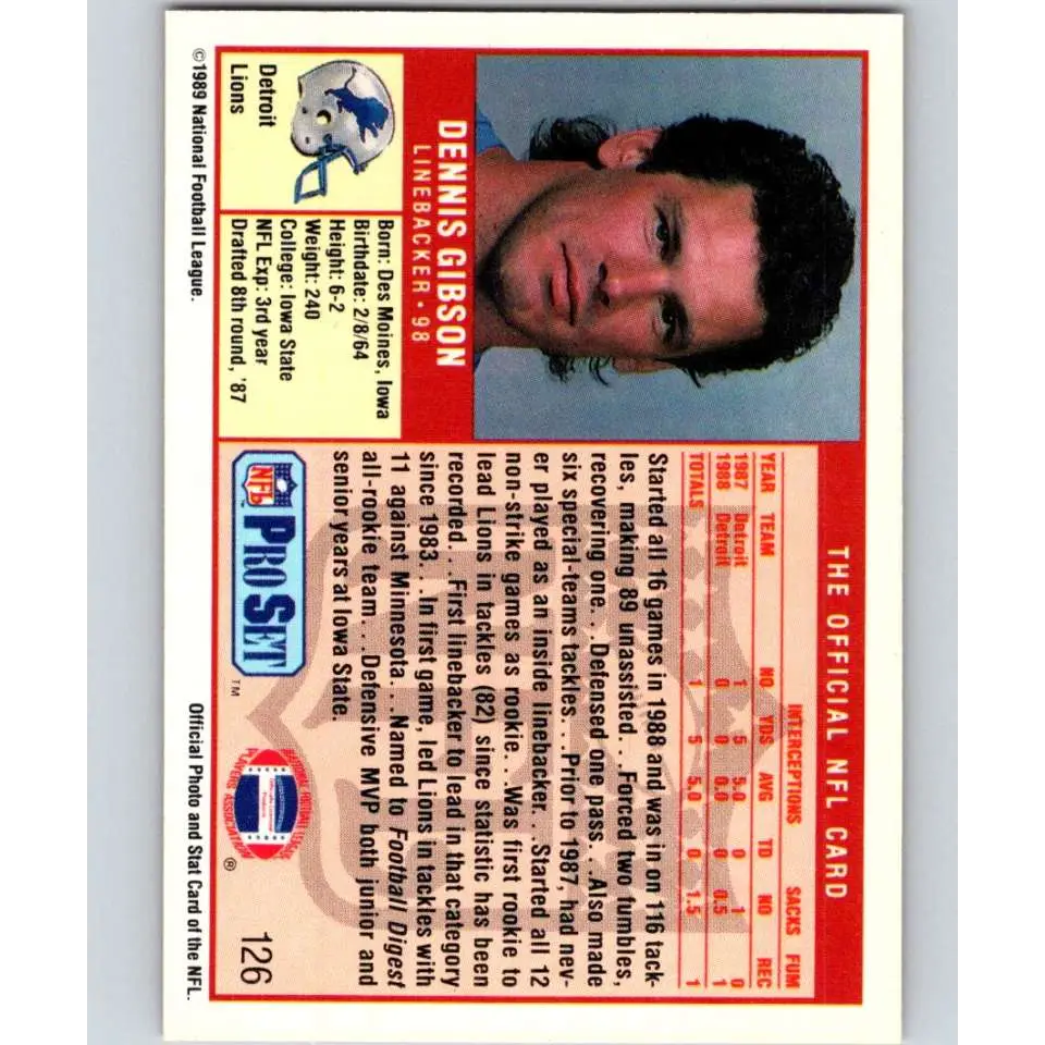 1989 Pro Set #126 Dennis Gibson NM-MT Detroit Lions Football Card Image 2