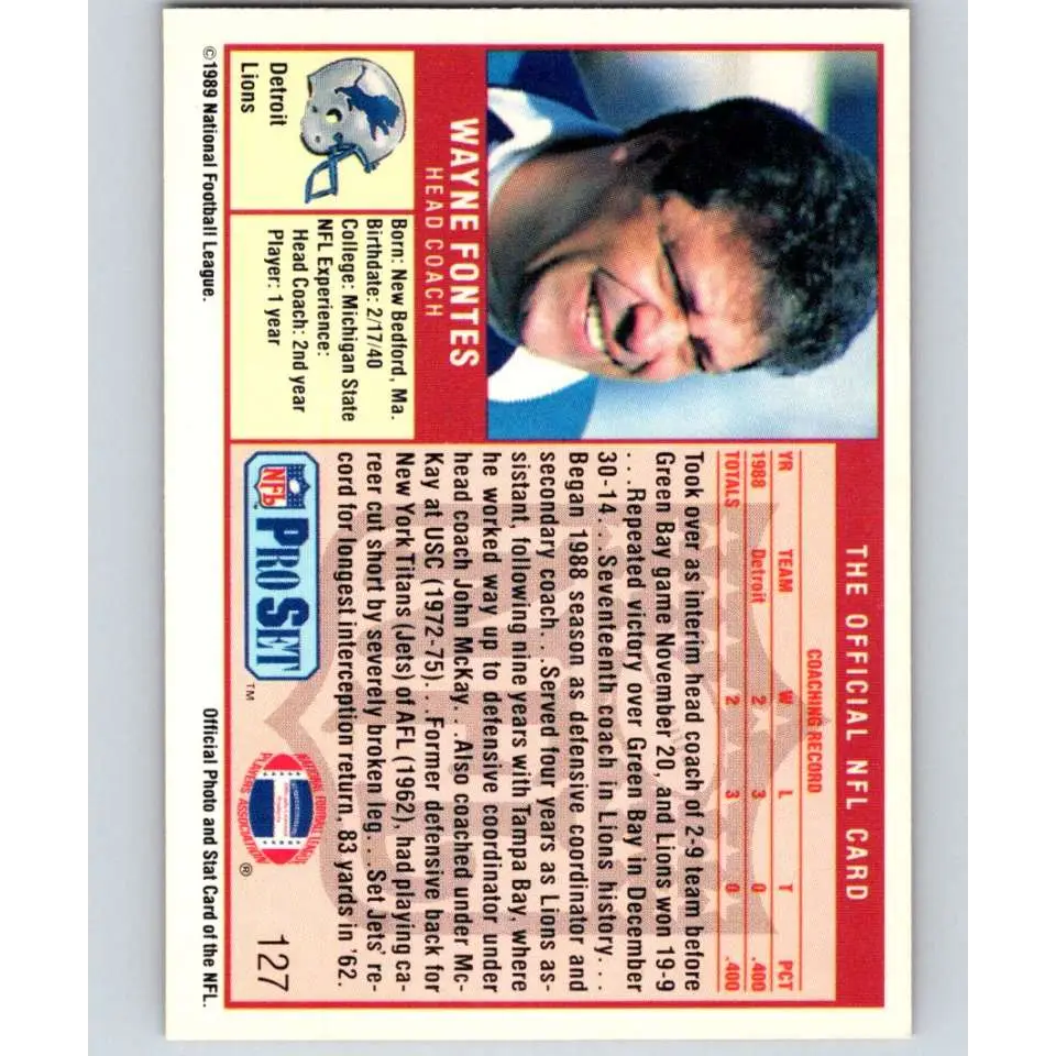 1989 Pro Set #127 Wayne Fontes CO NM-MT Detroit Lions Football Card Image 2