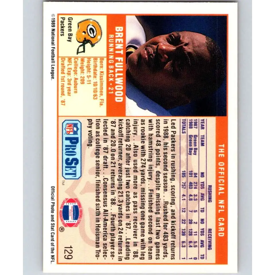 1989 Pro Set #129 Brent Fullwood NM-MT RC Rookie Green Bay Packers Football Card Image 2