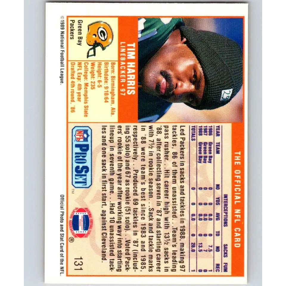 1989 Pro Set #131 Tim Harris NM-MT Green Bay Packers Football Card Image 2