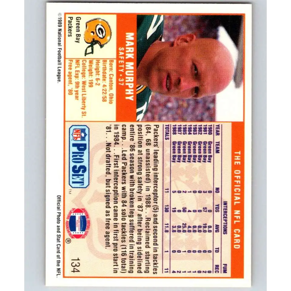 1989 Pro Set #134 Mark Murphy NM-MT Green Bay Packers Football Card Image 2