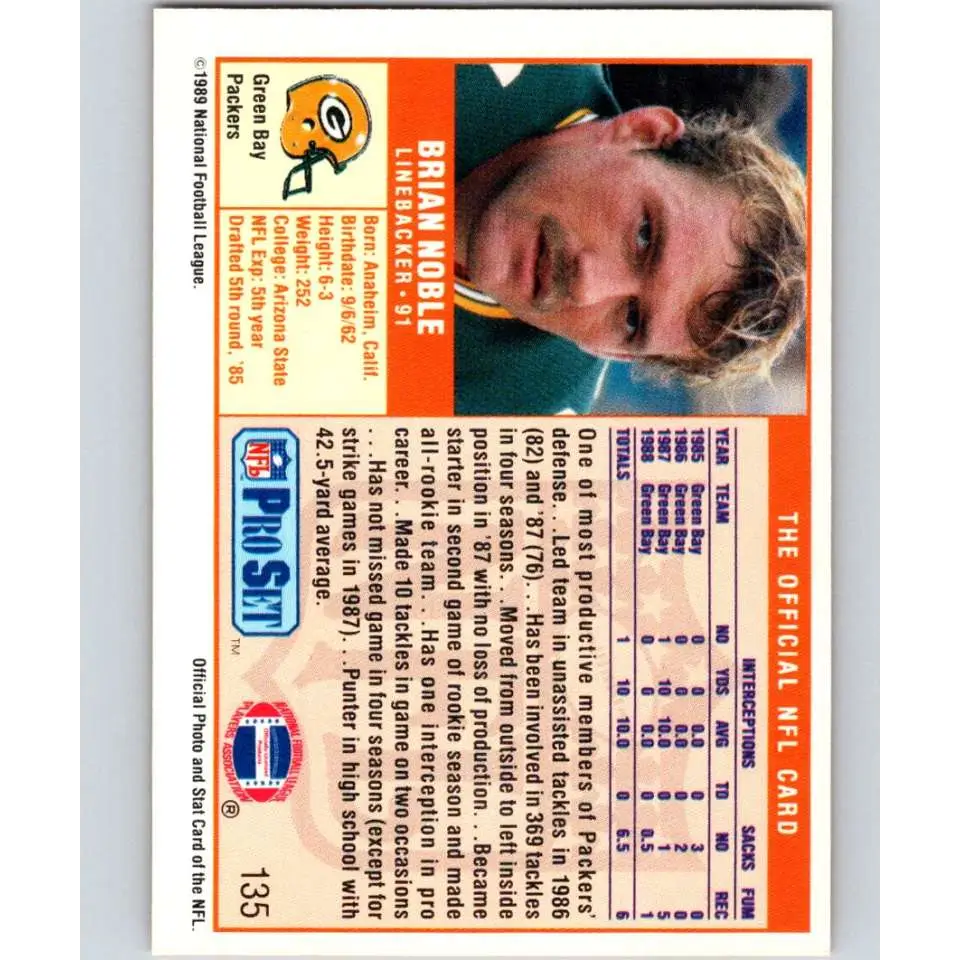 1989 Pro Set #135 Brian Noble NM-MT Green Bay Packers Football Card Image 2