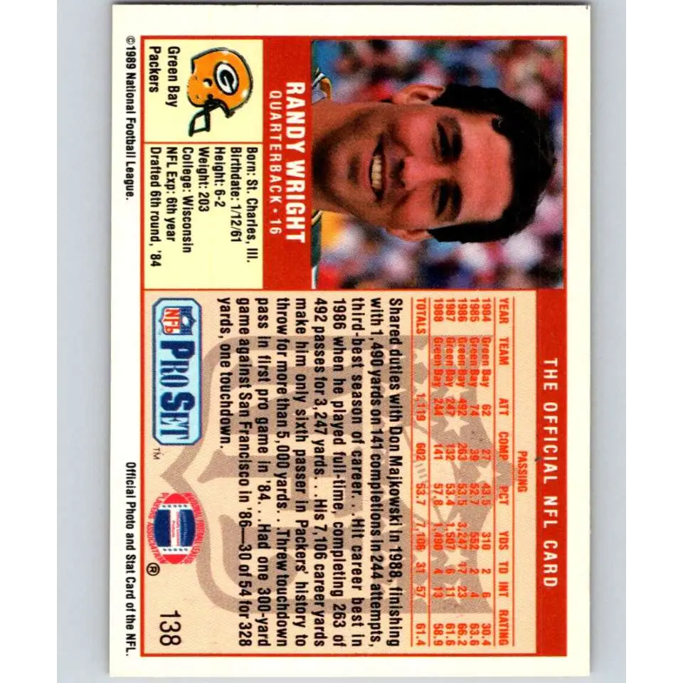 1989 Pro Set #138 Randy Wright NM-MT Green Bay Packers Football Card Image 2