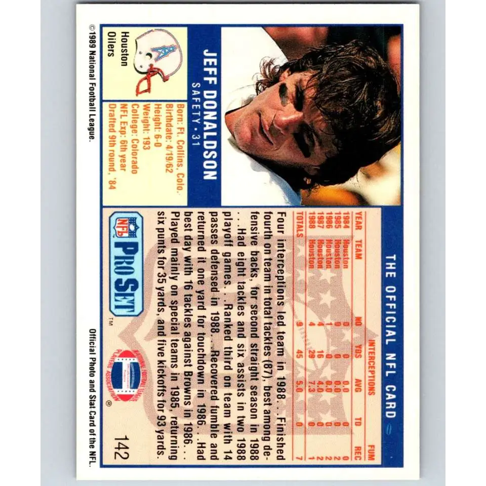 1989 Pro Set #142 Jeff Donaldson NM-MT Houston Oilers Football Card Image 2