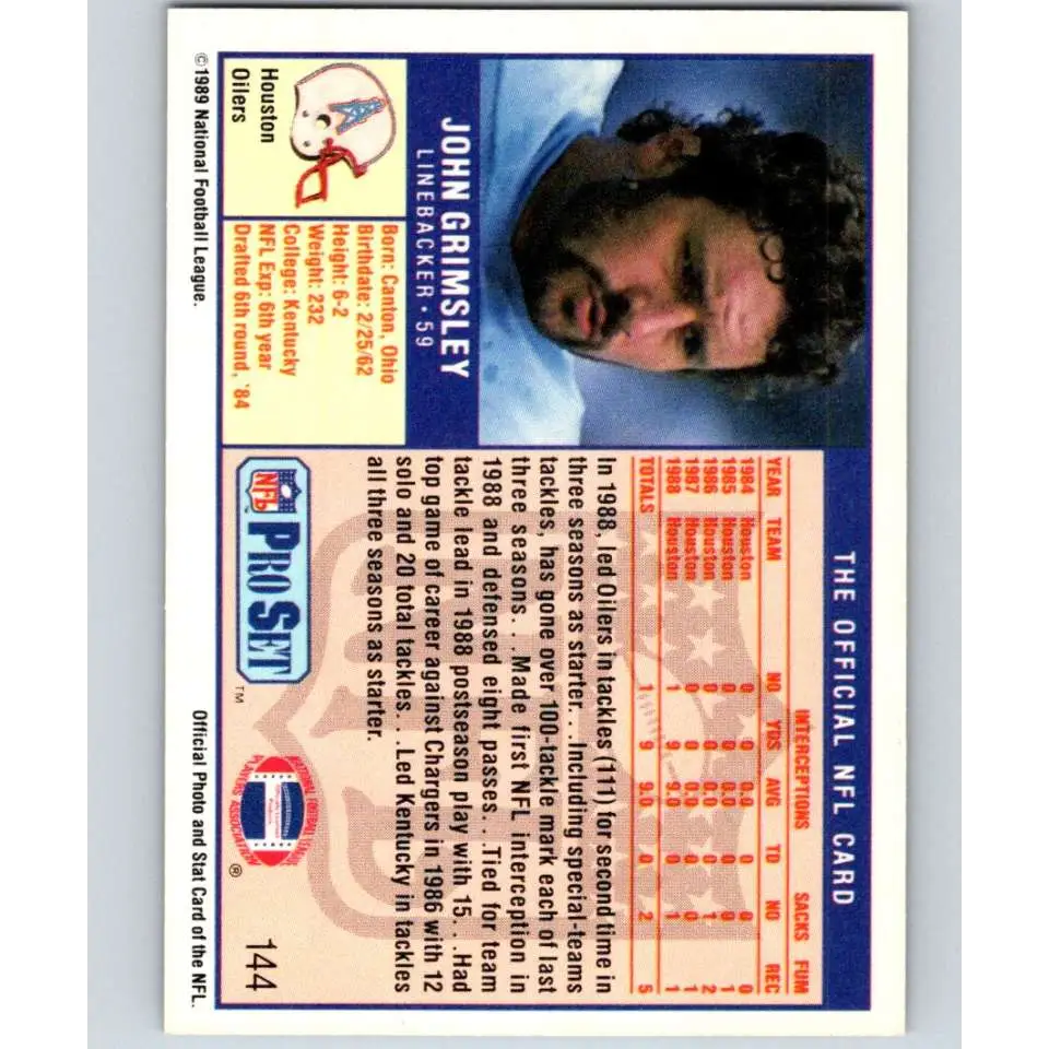 1989 Pro Set #144 John Grimsley NM-MT Houston Oilers Football Card Image 2