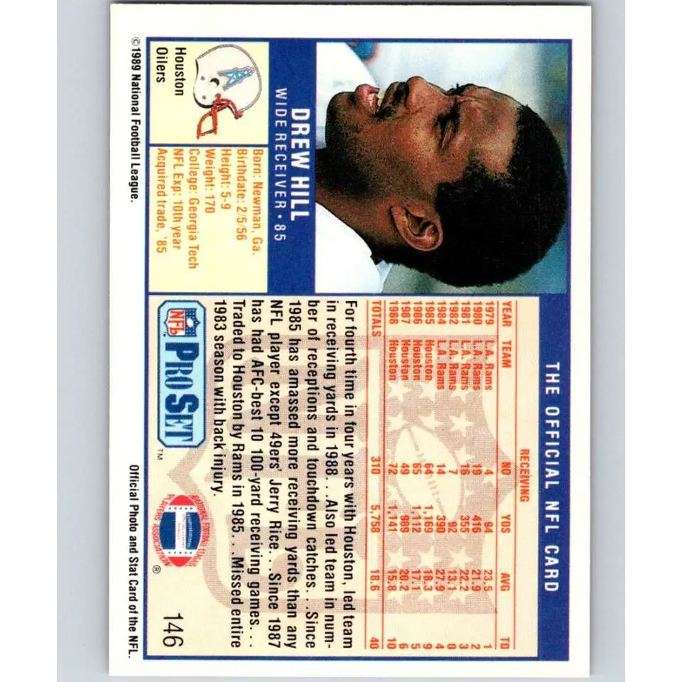 1989 Pro Set #146 Drew Hill NM-MT Houston Oilers Football Card Image 2