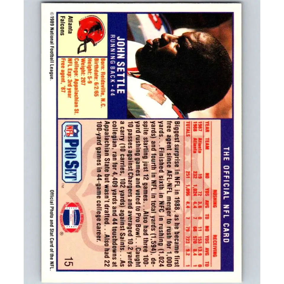 1989 Pro Set #15 John Settle NM-MT RC Rookie Atlanta Falcons Football Card Image 2