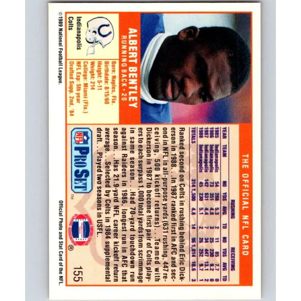 1989 Pro Set #155 Albert Bentley NM-MT Indianapolis Colts Football Card Image 2