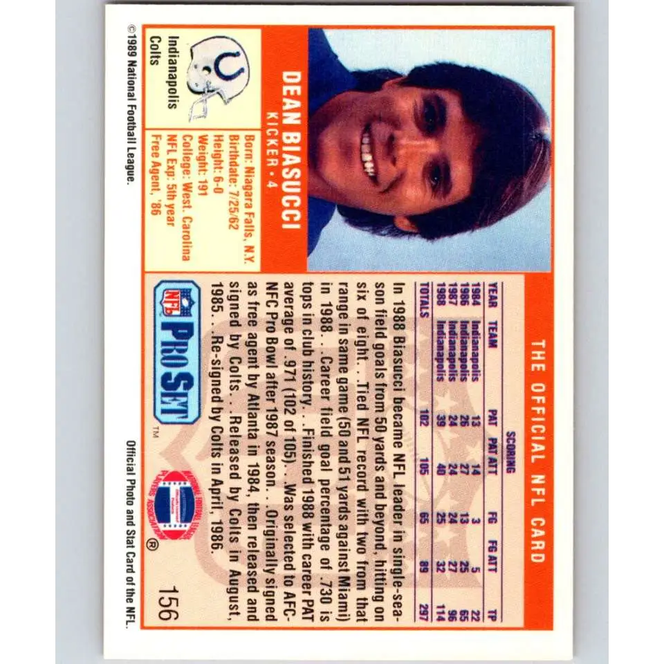 1989 Pro Set #156 Dean Biasucci NM-MT Indianapolis Colts Football Card Image 2