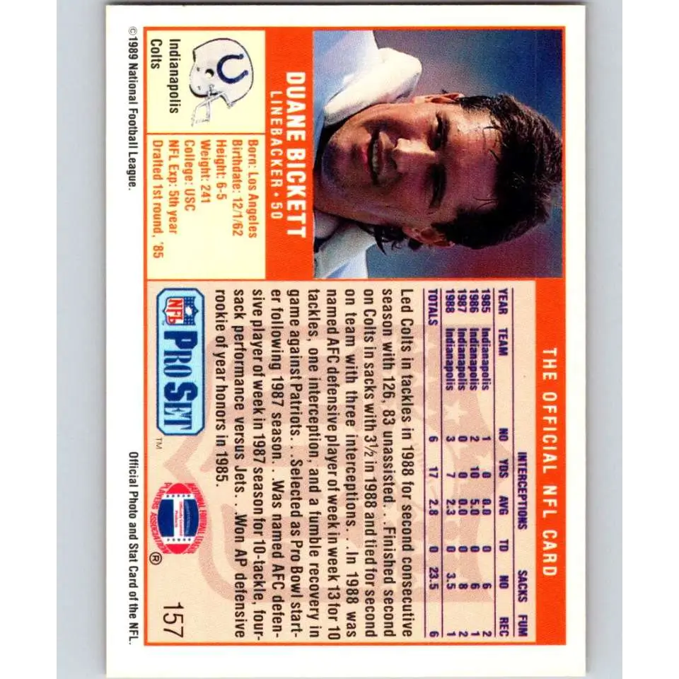 1989 Pro Set #157 Duane Bickett NM-MT Indianapolis Colts Football Card Image 2