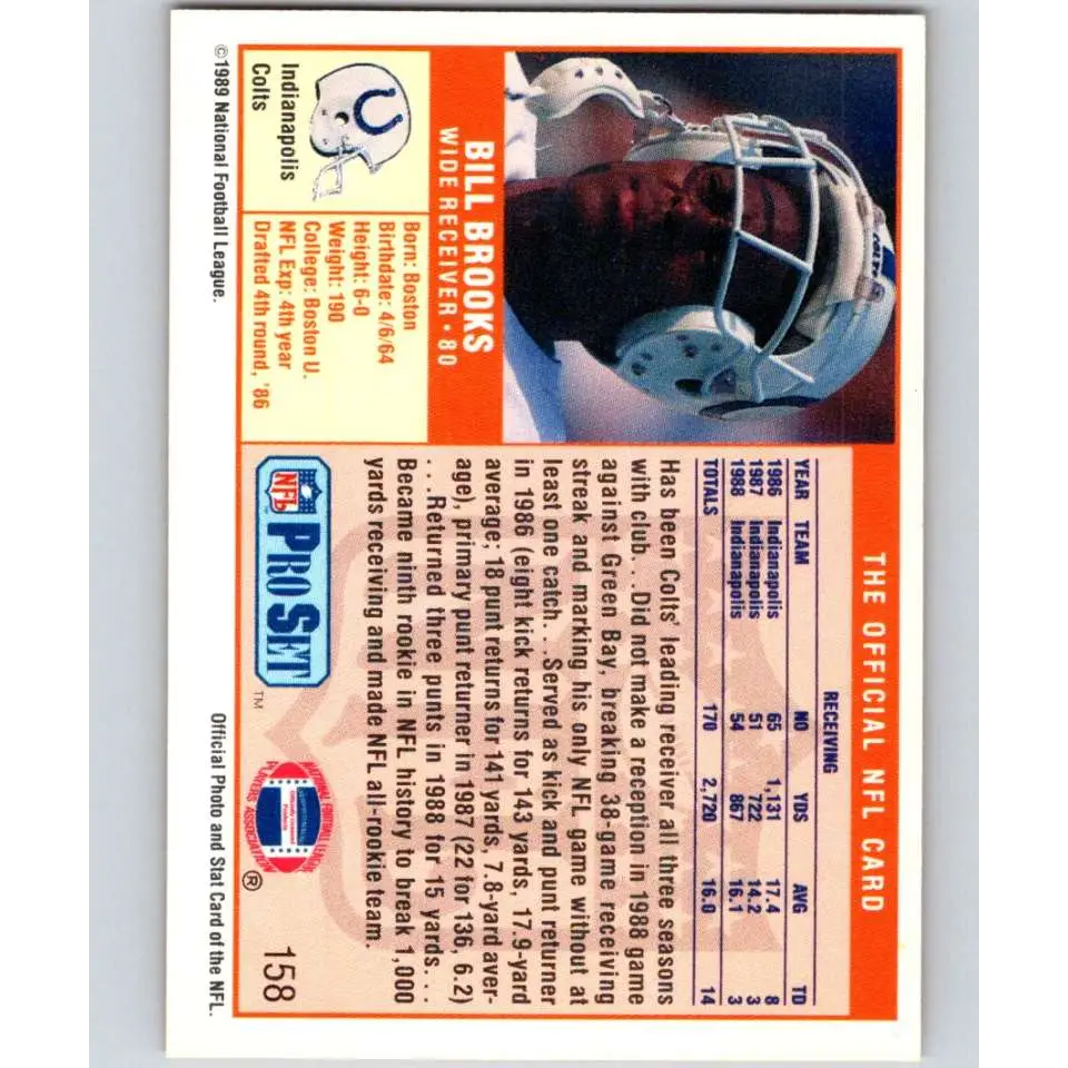 1989 Pro Set #158 Bill Brooks NM-MT Indianapolis Colts Football Card Image 2