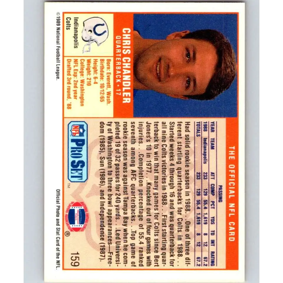 1989 Pro Set #159 Chris Chandler NM-MT RC Rookie Indianapolis Colts Football Card Image 2