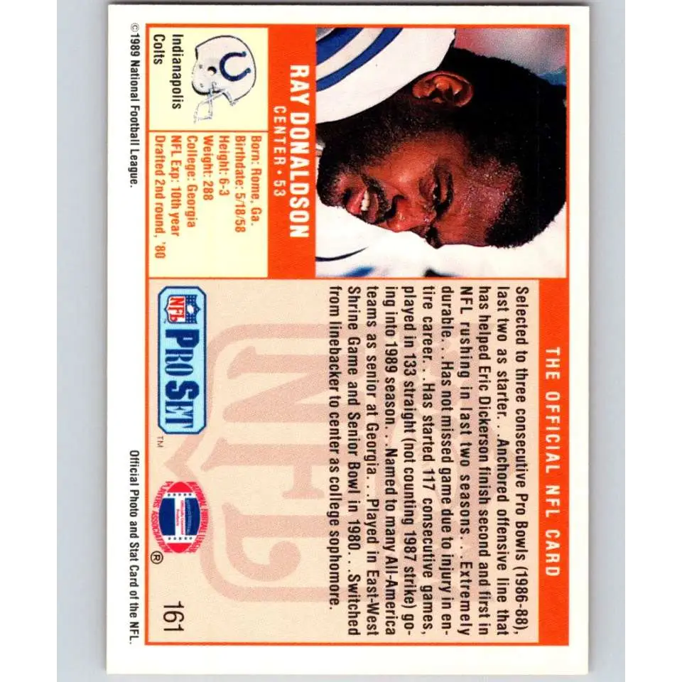 1989 Pro Set #161 Ray Donaldson NM-MT Indianapolis Colts Football Card Image 2