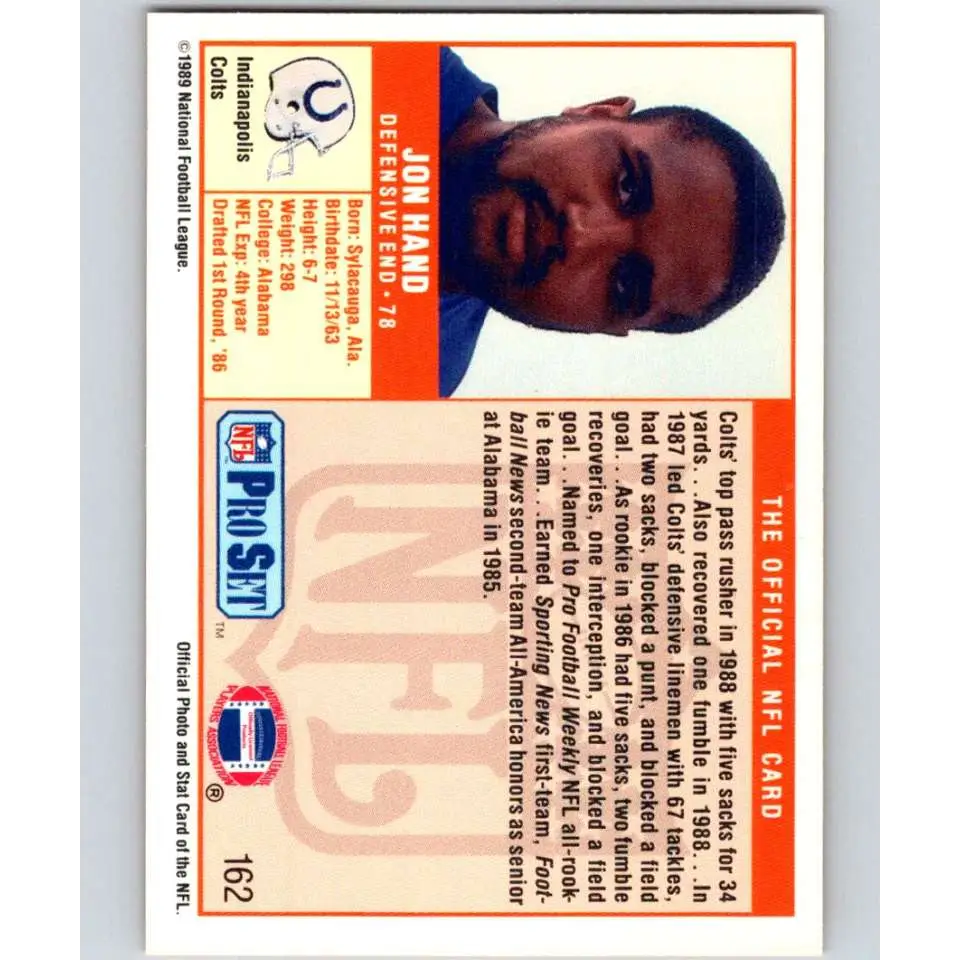 1989 Pro Set #162 Jon Hand NM-MT Indianapolis Colts Football Card Image 2