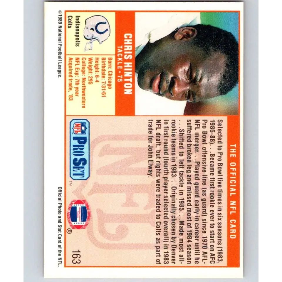 1989 Pro Set #163 Chris Hinton NM-MT Indianapolis Colts Football Card Image 2