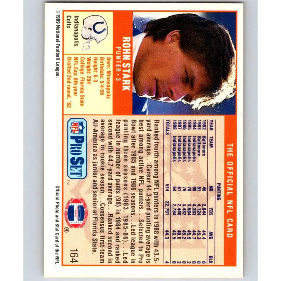1989 Pro Set #164 Rohn Stark NM-MT Indianapolis Colts Football Card Image 2