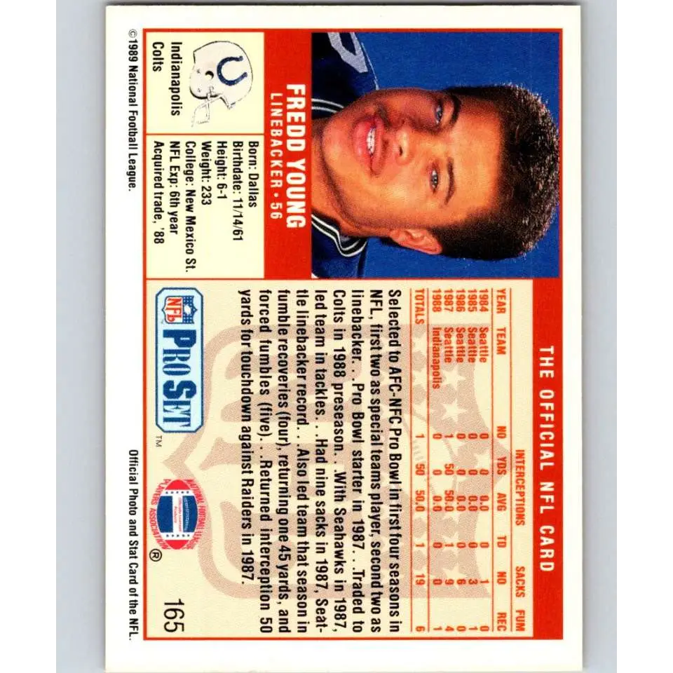 1989 Pro Set #165 Fredd Young NM-MT Indianapolis Colts Football Card Image 2