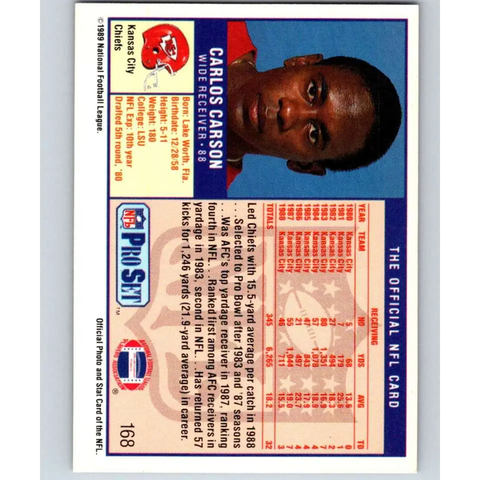 1989 Pro Set #168 Carlos Carson NM-MT Kansas City Chiefs Football Card Image 2