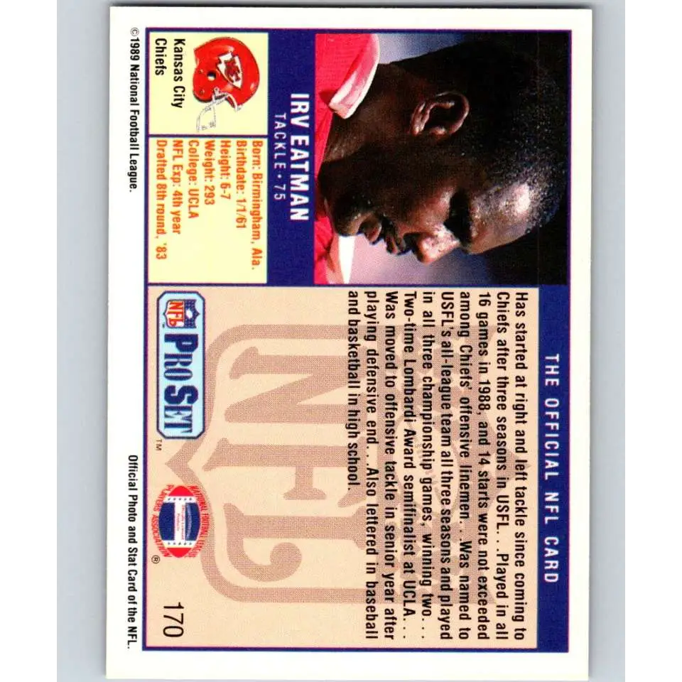 1989 Pro Set #170 Irv Eatman NM-MT Kansas City Chiefs Football Card Image 2