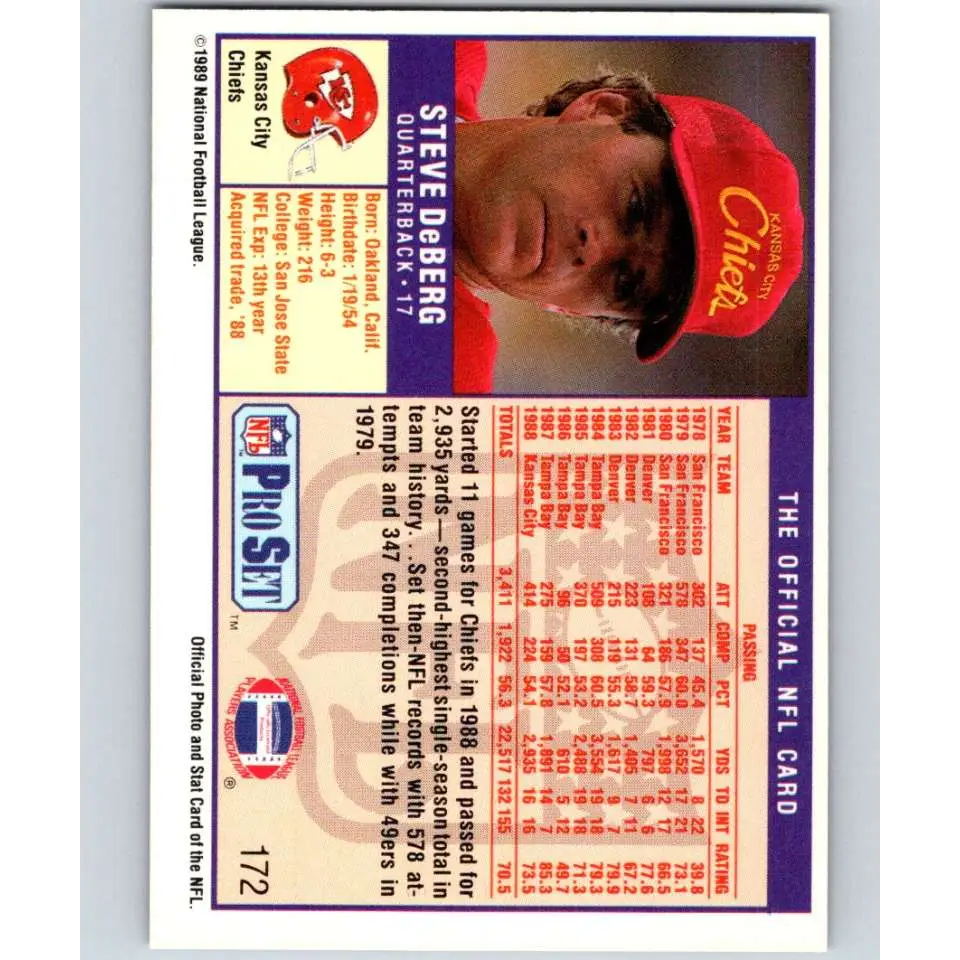 1989 Pro Set #172 Steve DeBerg NM-MT Kansas City Chiefs Football Card Image 2
