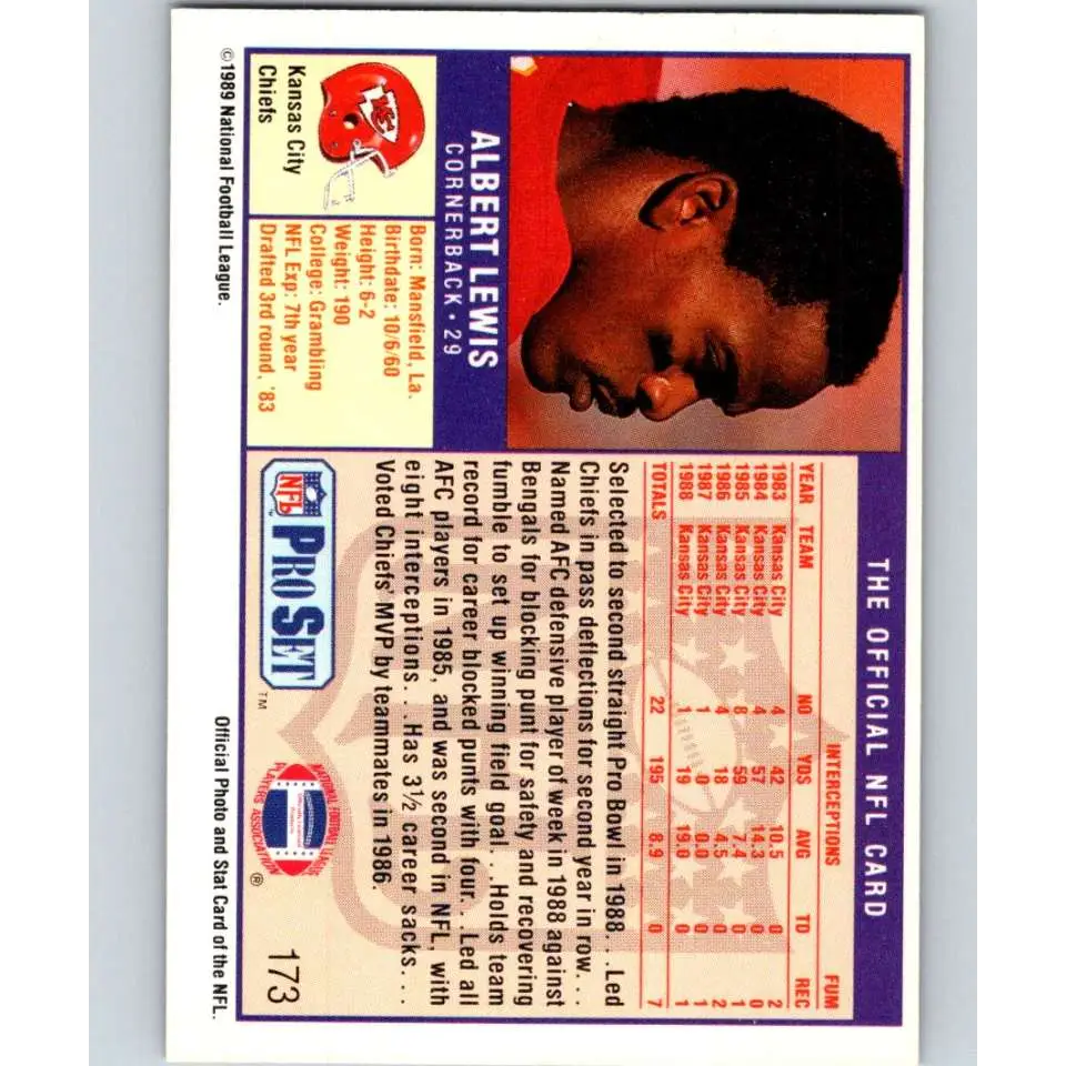 1989 Pro Set #173 Albert Lewis NM-MT Kansas City Chiefs Football Card Image 2