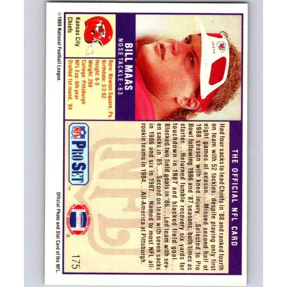 1989 Pro Set #175 Bill Maas NM-MT Kansas City Chiefs Football Card Image 2