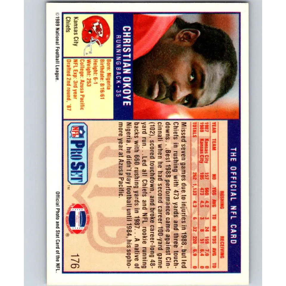 1989 Pro Set #176 Christian Okoye NM-MT Kansas City Chiefs Football Card Image 2