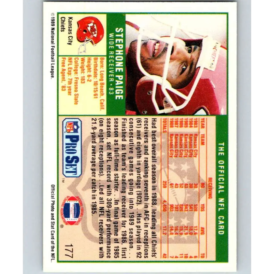 1989 Pro Set #177 Stephone Paige NM-MT Kansas City Chiefs Football Card Image 2