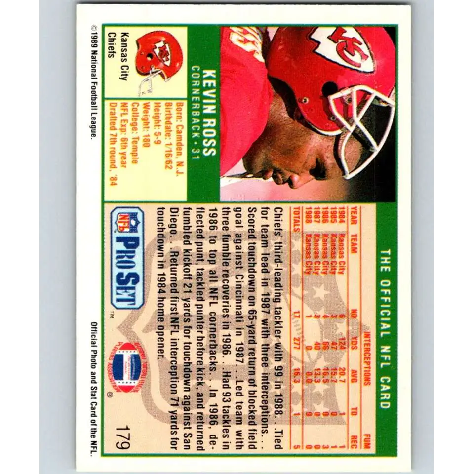 1989 Pro Set #179 Kevin Ross NM-MT RC Rookie Kansas City Chiefs Football Card Image 2