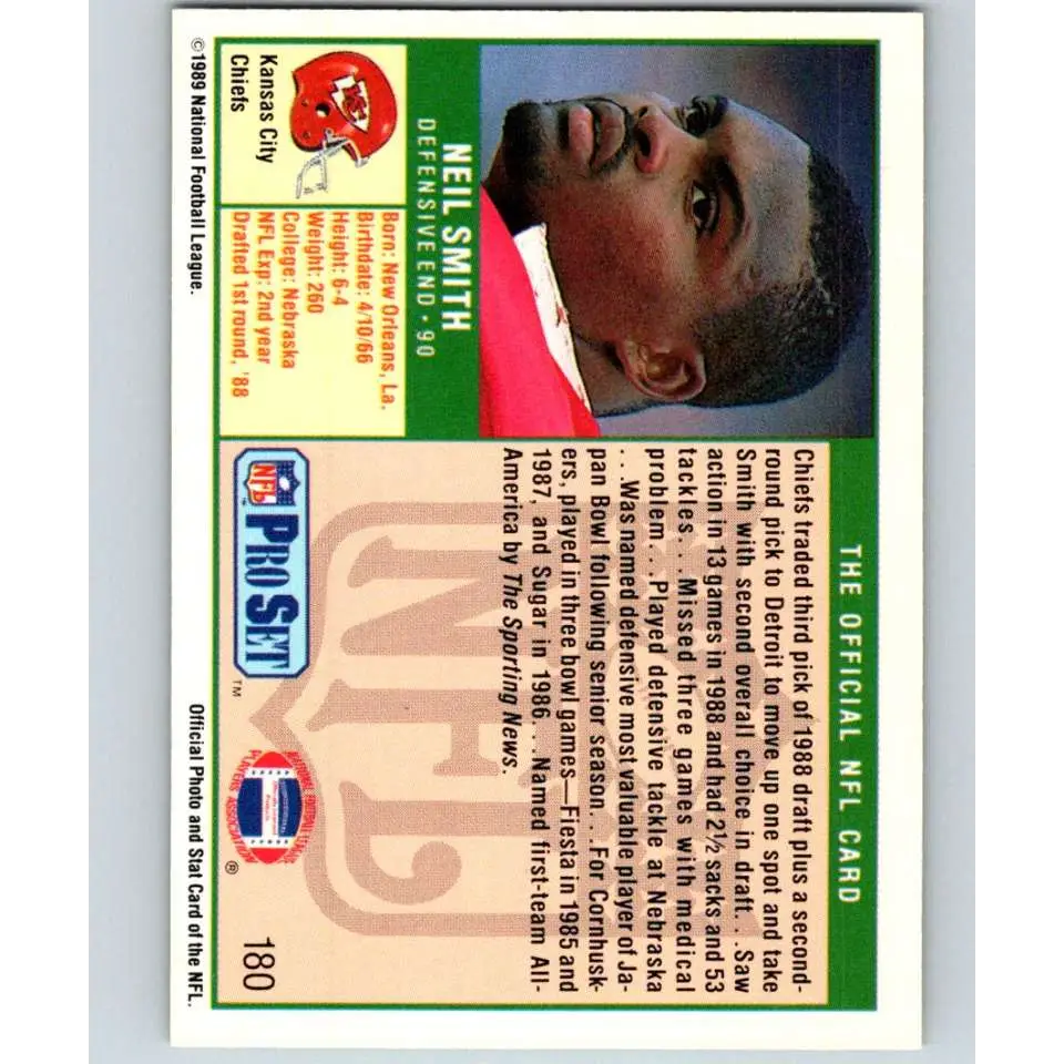 1989 Pro Set #180 Neil Smith NM-MT RC Rookie Kansas City Chiefs Football Card Image 2