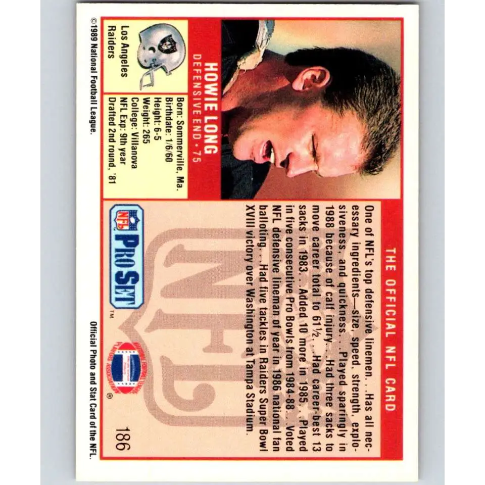 1989 Pro Set #186 Howie Long NM-MT Los Angeles Raiders Football Card Image 2