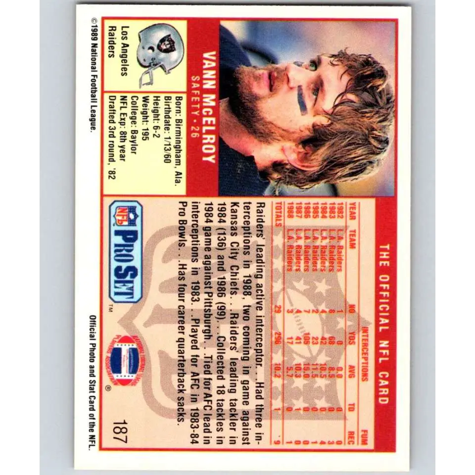 1989 Pro Set #187 Vann McElroy NM-MT Los Angeles Raiders Football Card Image 2